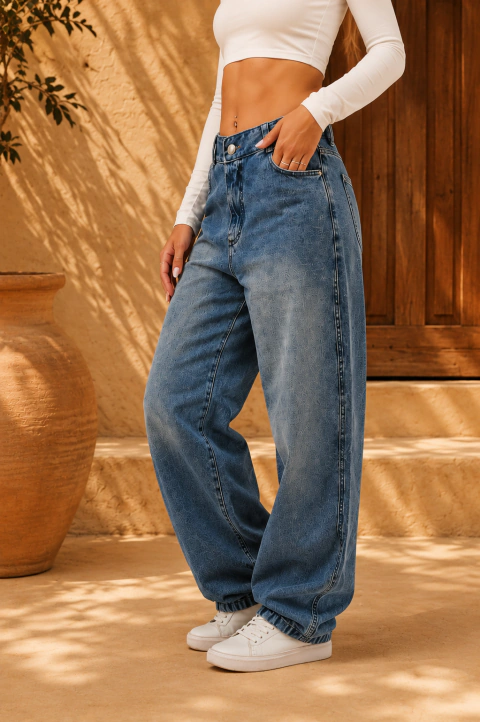 Jean Baggy Baggies Ancho Rigido Con Ajustador Cintura Mujer