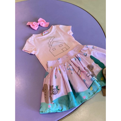 Conjunto Saia Malha e Tecido Casinha Feliz