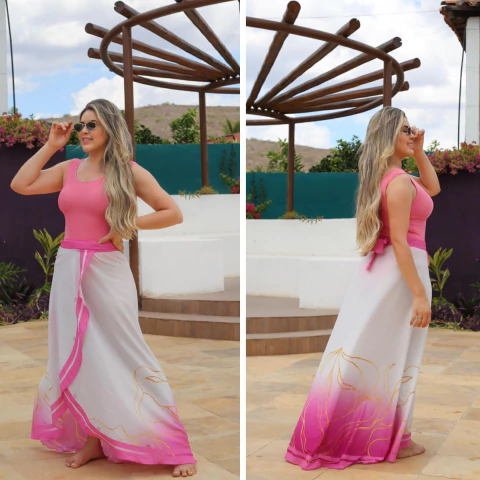 Saia Pareô Longa - Rosa com branco | Saída de Praia Modesta - comprar online