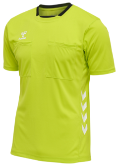 Remera de árbitro hummel en color verde neón con dos bolsillos en el frente y detalles en blanco.