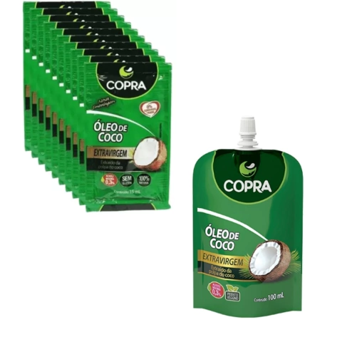 1 Óleo de Coco Extra Virgem 100ml + 10 Óleo de coco Sachê 15ml Copra de