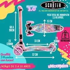 Scooter Italy Graffiti Baby Pink Unicornio Plegable 3 Ruedas Led - tienda online