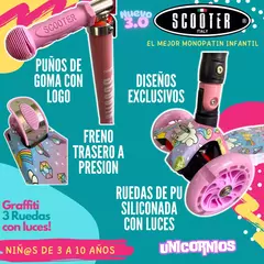 Imagen de Scooter Italy Graffiti Baby Pink Unicornio Plegable 3 Ruedas Led