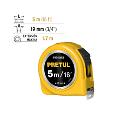 Cinta Métrica Flexómetro Amarillo 5mts 16mm Pretul 21606 en internet