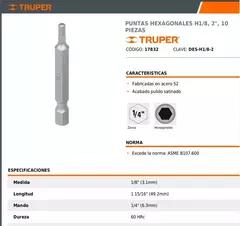 10 Puntas 1/8 X 50mm Para Atornillador Hex 1/4 Truper 17832 - HURLINBOX