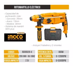 Rotomartillo Electrico Sds Plus 800w 1200rpm + Maletin Ingco RGH9028-4