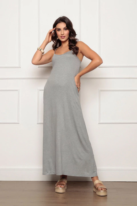 Vestido Longo de Alcinha com Bolsos Cinza