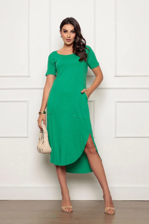 Vestido Midi Manga Curta com Fenda 920 Verde