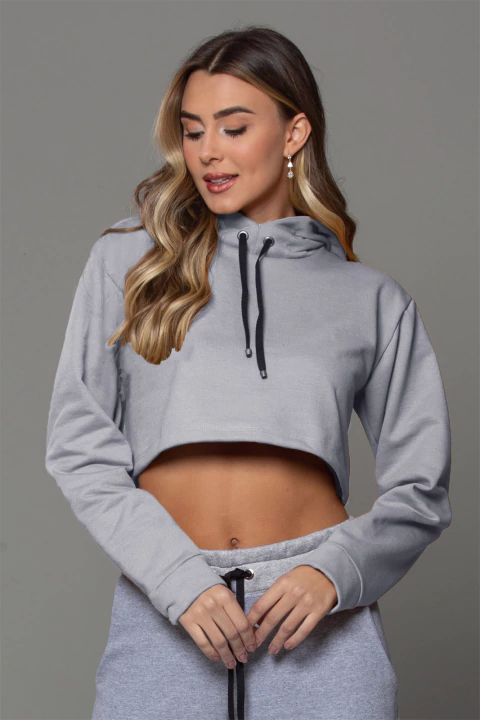 Blusa Cropped Moletom com Capuz Cinza