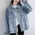 Jaqueta Jeans Feminina Vintage Oversized Bomber Azul Desbotado