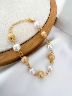 Pulseira Folheada a Ouro 18k Esferas Texturizadas com Pérolas