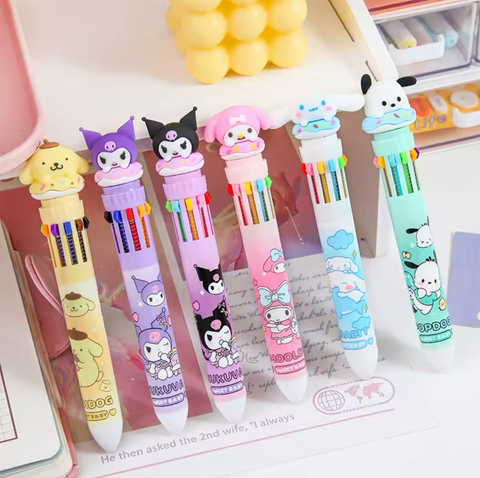 Caneta 10 Cores Sanrio My Melody Pochacco Cinnamoroll Kuromi PomPomPurin