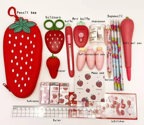 Kit de Papelaria Morango Caderno Lápis Borracha Tesoura Estojo Regua Caneta. 20 Itens