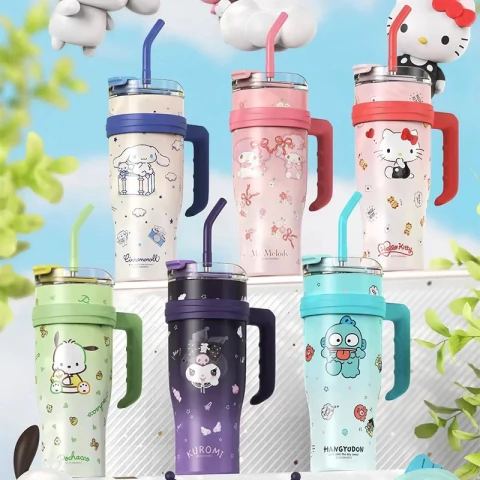 Garrafa Térmica Sanrio Hello Kitty, My Melody, Kuromi, Pochacco, Cinnamoroll, Hangyodon, Canudo, Copo de Água a Vácuo, Aço Inoxidável, 1.2L