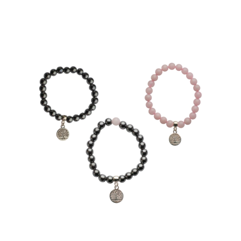 KIT 2 HARMONIA - CONTÉM: 3 PULSEIRAS (8MM) - HEMATITA COM QUARTZO ROZA + QUARTZO ROSA + HEMATITA - comprar online