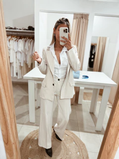 Blazer beige a raya (forrado con hombreras) - tienda online