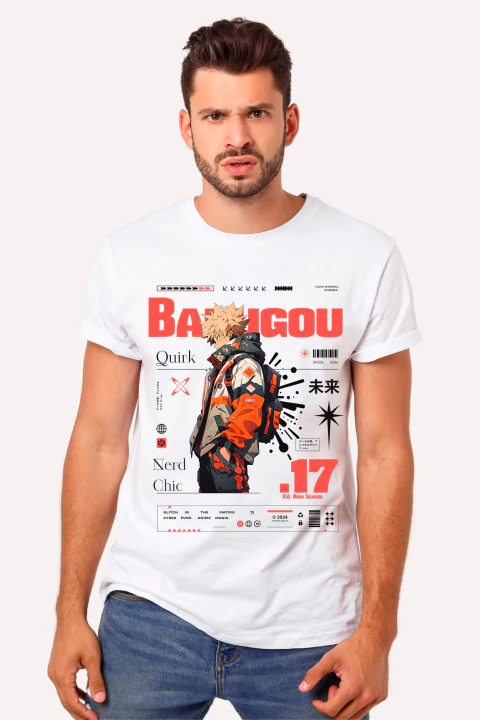 Camiseta branca com estampa do personagem Bakugou de My Hero Academia, destacando elementos de design geek e nerd chic.