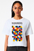 Camiseta branca com estampa geométrica colorida e a frase "NUMBERS RULE THE UNIVERSE".
