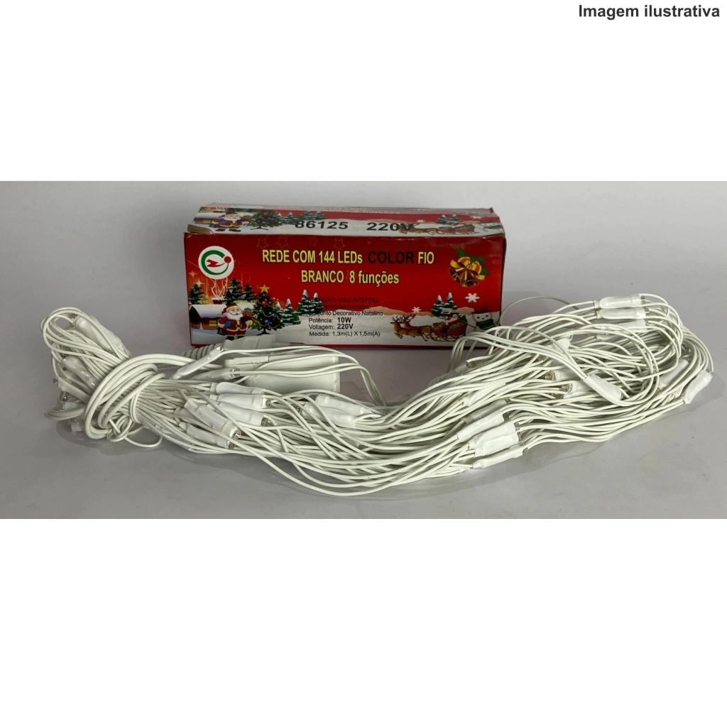 Rede 144 Leds Colorido 16125 Fio Branco 8 Funçoes 127V 1,5X1,3M