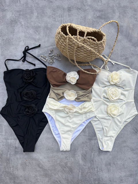 Body Maiô Fiori Preto, Off White e Marrom