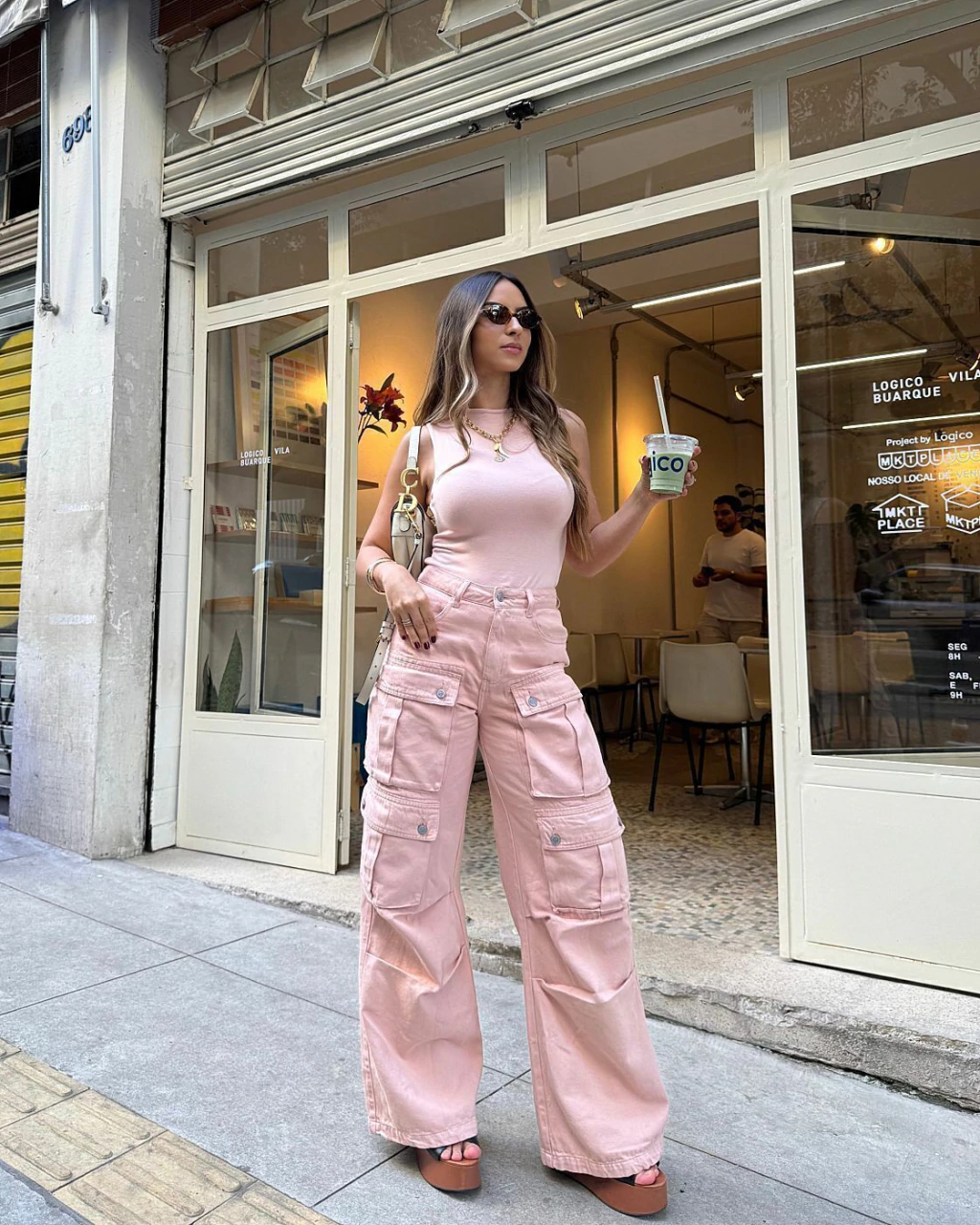Calça Jeans Denin Cargo Baggy Rosa bb
