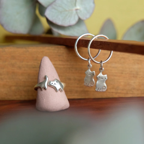Anillo + aros gato de plata - comprar online