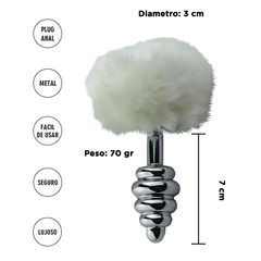 PLUG ANAL PLATEADO "CEPHEUS" T.S ACANALADO CON COLA DE CONEJO BLANCA 4,5X3CM. AC70391