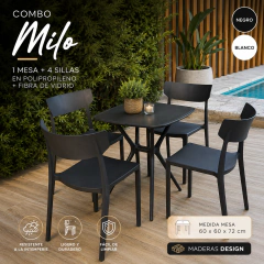 Combo 1 Mesa 60x60 + 4 sillas Milo en Polipropileno y fibra de vidrio. 20%OFF en efectivo