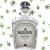 Botella de mezcal artesanal NUUVA con cannabis, destacando su diseño elegante y fondo de hojas de cannabis verdes.