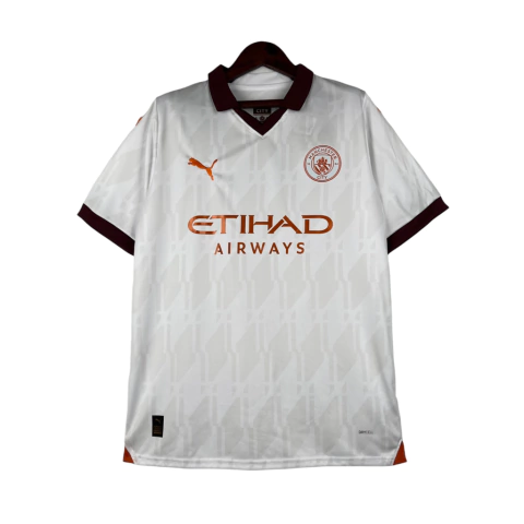 Camisa Manchester City II 23/24 - Torcedor Puma Masculina - Branca com detalhes em laranja e vinho