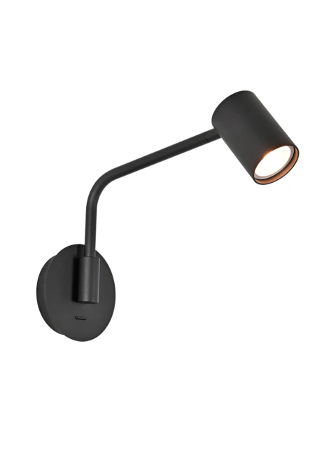 Aplique de pared Francisco negro con brazo curvo y cabezal spot orientable