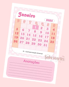 Arquivo Virtual - Calendário 2025 tamanho A4 (Rosa)