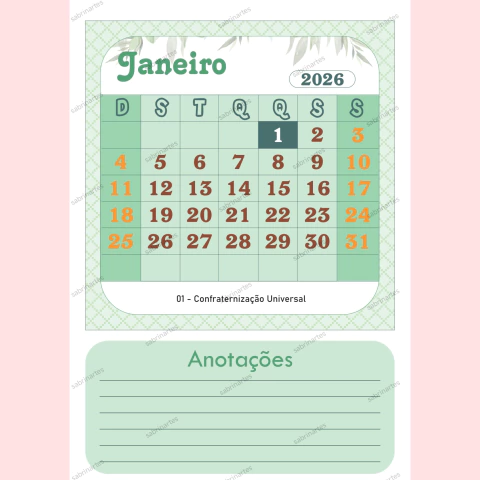 Arquivo Virtual - Calendário 2026 tamanho A4 Verde - comprar online