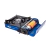 Fogareiro a gás KALA Compact na cor azul, com compartimento aberto exibindo o cilindro de gás. Possui sistema de controle de chama ajustável e é ideal para atividades ao ar livre, como camping.