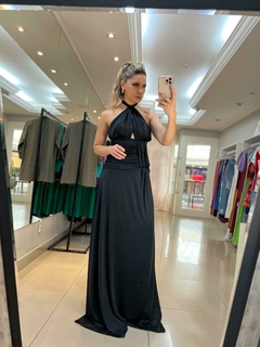 Vestido Longo em Jersey com Frente Única, Drapeados e Saia Evasê - MARIAH  MODA