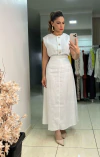 Conjunto de Saia Midi e Colete em Linho Puro – Elegância Atemporal!