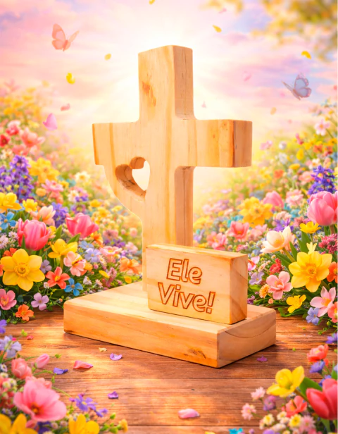CRUZ DECORATIVA DE PASCOA ELE VIVE ENFEITE MESA MADEIRA