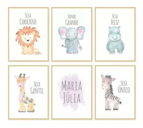 Kit 6 Quadros Decorativos 25x25 - Zoo C/ Nome Do Bebê