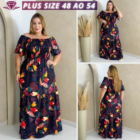Vestido Feminino Plus Size Longo Ciganinha Ombro a Ombro Estampado com Lastex – Veste do 48 ao 54 - comprar online
