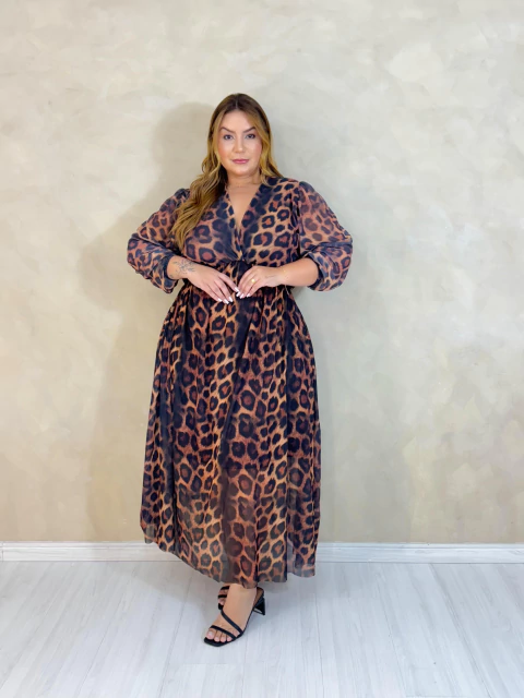 Vestido Tule Longo Estampado Onça