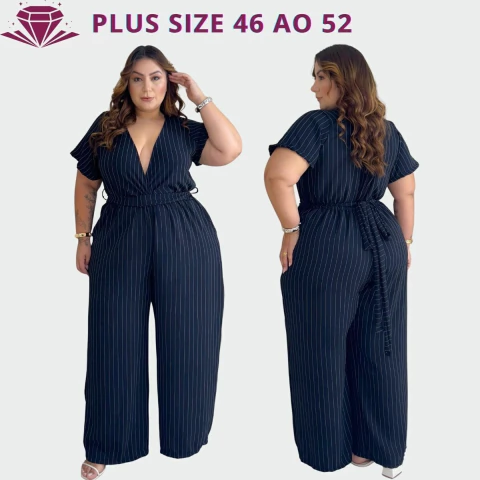 Macacão Longo Plus Size Feminino Risca de Giz Manga Decote V Transpassado Tecido Duna Cinto 46-52