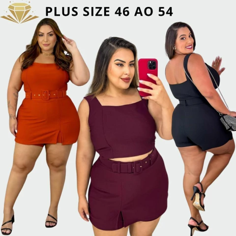 Short-Saia Plus Size com Cinto Crepe Montaria | Tecido Grosso, Não Marca ! 46 AO 54