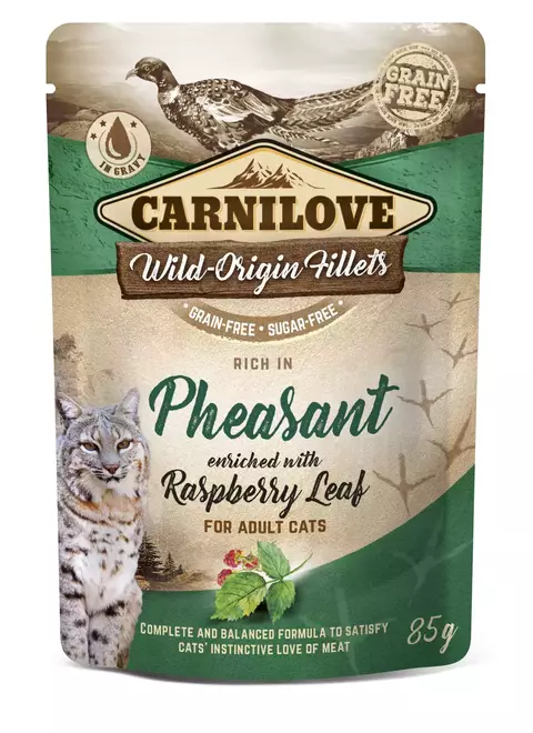 CAT POUCH - ALIMENTO ÚMIDO PARA GATOS DE FAISÃO COM FOLHAS DE FRAMBOESA – CARNILOVE – 85G