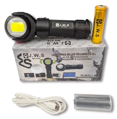 LANTERNA RECARREGÁVEL 360° - JWS COM LUZ LED BRANCA, VERMELHA E ULTRA-VIOLETA