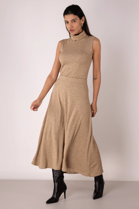 Saia Midi Godê Tricot Geométrica Bege