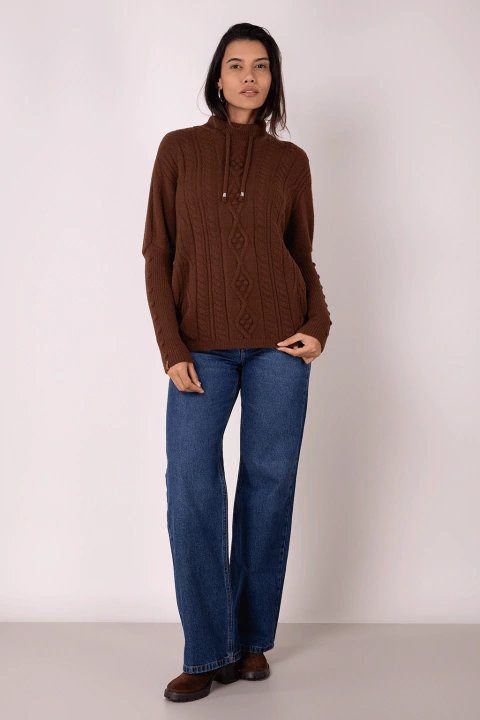 Blusa Tricot Feminina Alongada Manga Longa Em Fio Pluma Marrom