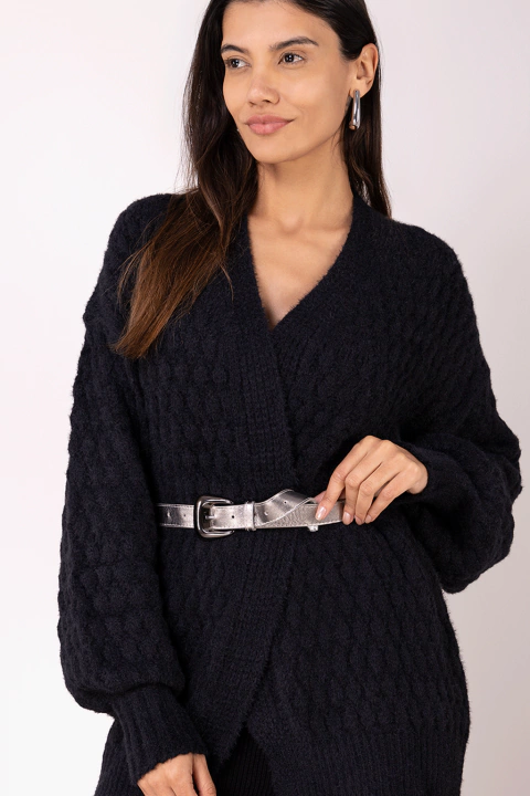 Casaco Tricot Feminino Alongado Em Fio Pluma Ponto Bolha Preto