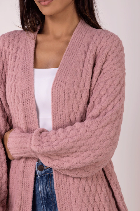 Casaco Tricot Feminino Alongado Em Fio Pluma Ponto Bolha Rosé