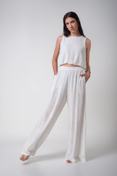 Calça Fluída Pantalona Bordada - Off White