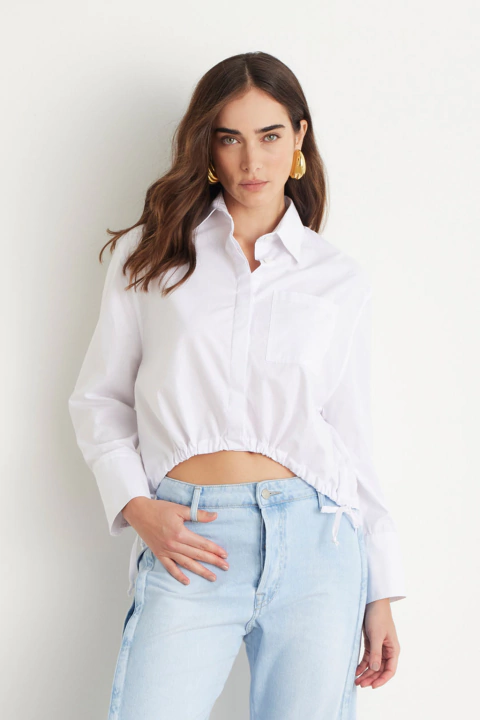 Camisa Cropped Barra Franzida Tricoline - Branca